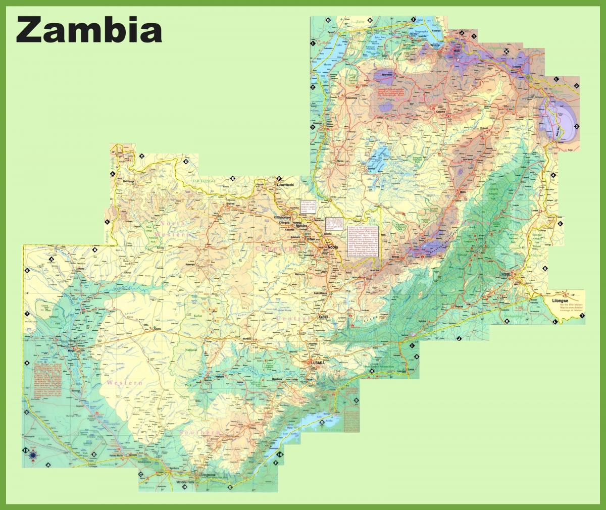 карта Замбіі з указаннем усіх гарадоў