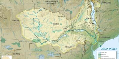 Карта Замбіі паказваючы рэк і азёр